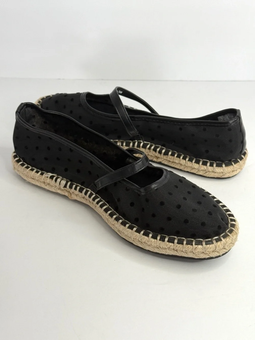 Marc New York Black Polka Dot Mesh Mary Jane Espadrille Flats Size 7.5M